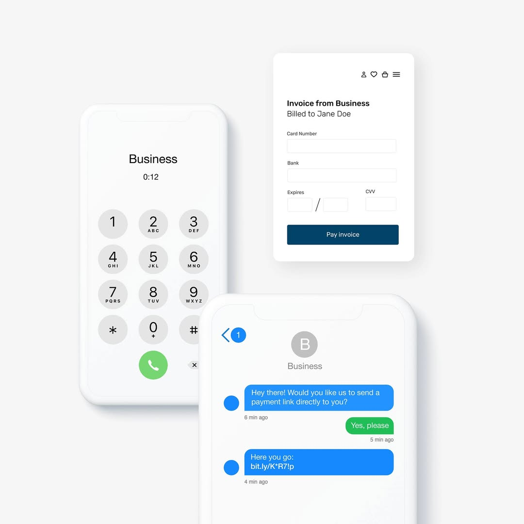 Total Processing mobile interfaces — dialer, invoice and notification